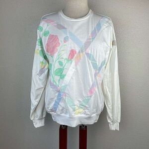 Pastel Floral & Plaid V-Pattern White Sweatshirt